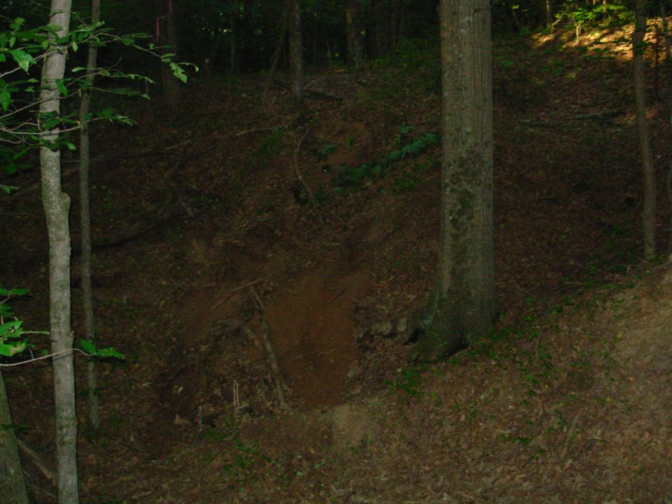 This is the last trail Greg tried.  It goes up & to the R, toward the patch of sunlight more than 10 feet higher than the light patch of dirt at the bottom center.  We'll make it one of these days...