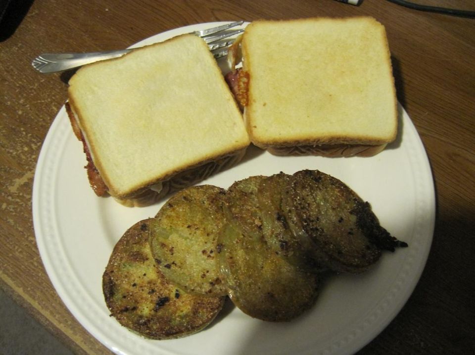 Two sandwiches and fried green tomatoes on a plate with a fork