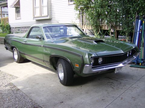 1970 Ford Ranchero - Green 1970 Ford Ranchero with hood scoop and side trim.
