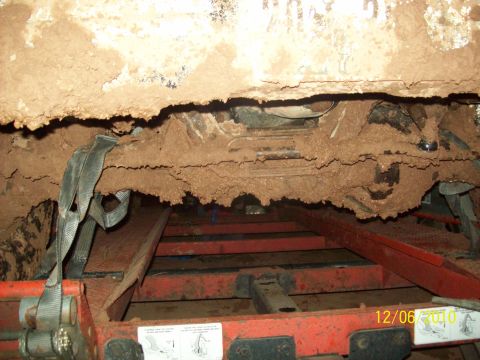 1985 Ford Bronco - The vehicle's undercarriage is obscured by a thick layer of mud, making year identification impossible.