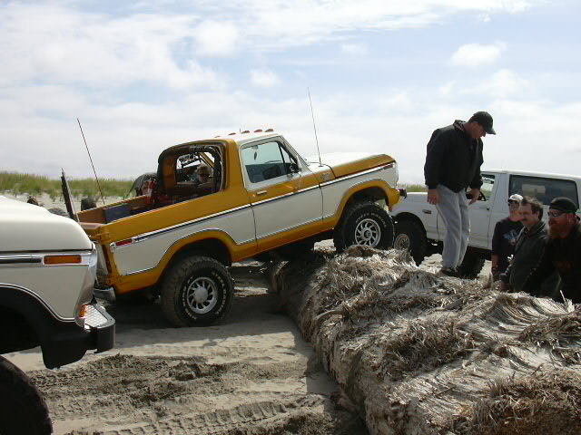 Gold and white lifted Ford Bronco driving on a sandy beach past a driftwood log