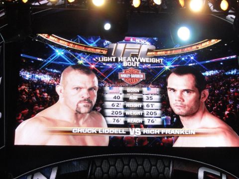 1996 Ford Bronco - A screen shows fighter stats for Chuck Liddell and Rich Franklin during a UFC light heavyweight bout.