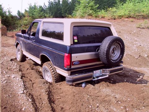 1991 Ford Bronco - A blue and tan Ford Bronco is stuck in the mud, with its rear end visible and a spare tire mounted on the back.