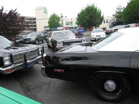 1991 Ford LTD Crown Victoria - Two black 1970s police-style sedans parked nose-to-tail in a lot, with a person standing between them and buildings behind.