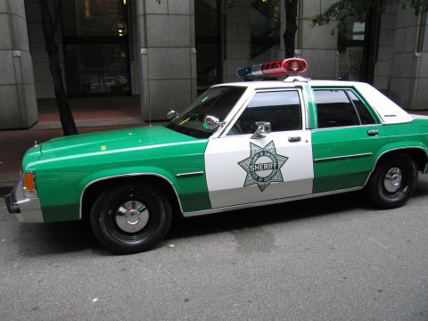 1991 Ford LTD Crown Victoria - green-and-white Sheriff sedan with a star emblem on the door and a red-and-blue roof light bar is parked beside a stone building.