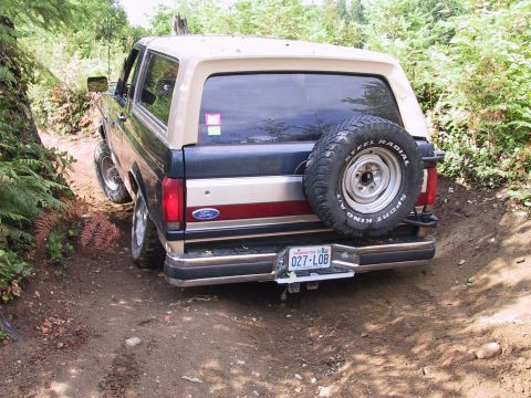 1991 Ford Bronco - The Ford Bronco navigates a narrow, overgrown dirt path, its off-road capabilities.