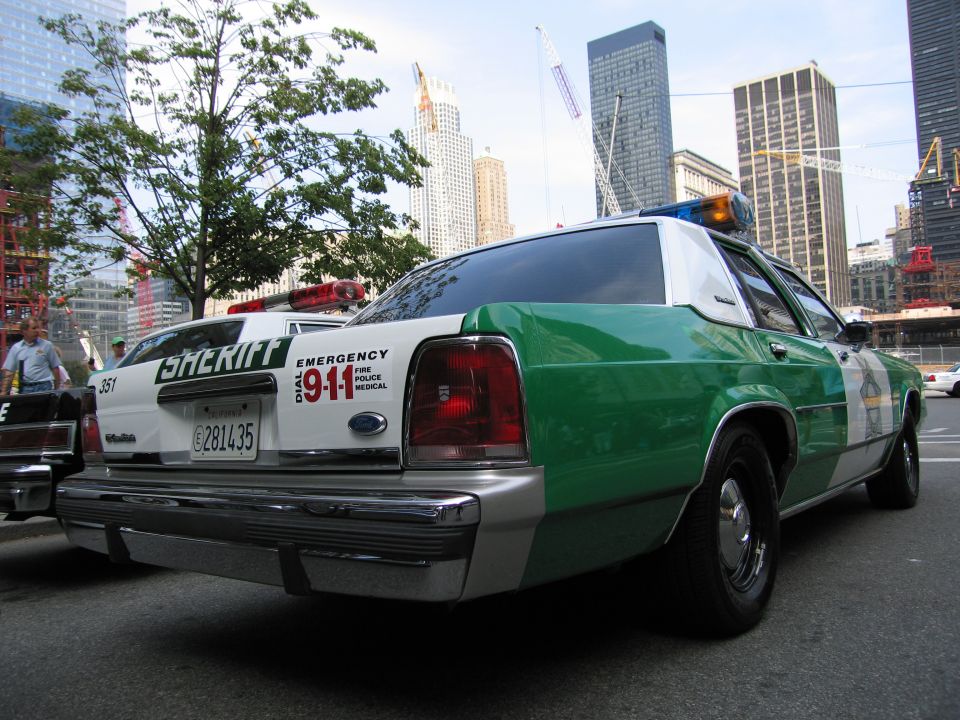 Green and white sheriff sedan with lightbar parked near city skyscrapers