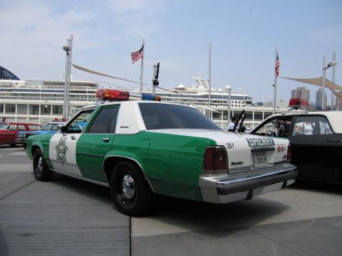 1991 Ford LTD Crown Victoria - Rear three-quarter view of a green-and-white Sheriff sedan with roof light bar parked on a waterfront pier, cruise ship and flags behind.