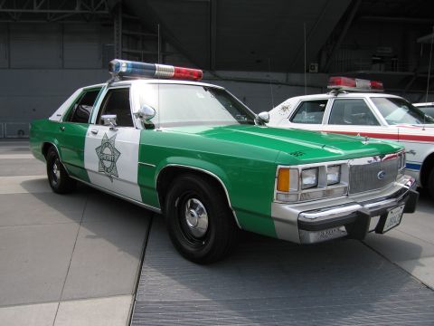 1991 Ford LTD Crown Victoria - green and white Ford full-size police sedan with a roof light bar and star emblem on the door, displayed indoors at a show.