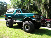 1978 Ford Bronco - A heavily modified green Ford Bronco sits on a grassy lawn, with another vehicle parked nearby.