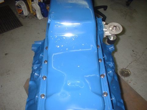 1968 Ford Mustang - A blue oil pan with a filter adapter is shown, with a Supermotors.net watermark visible at the bottom right.