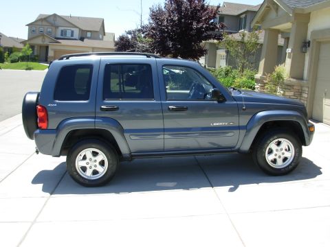 2002 Jeep Liberty - Side profile of a gray 2002 Jeep Liberty SUV parked in a suburban driveway.