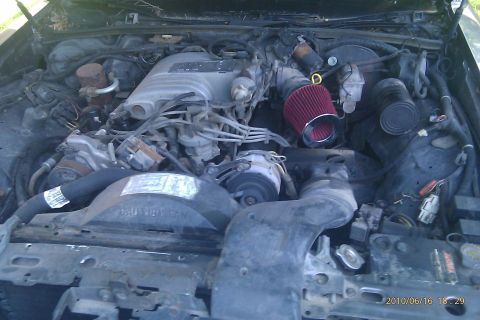 2000 Mercury Grand Marquis - The engine bay of a vehicle, an aftermarket air filter and various hoses and components.