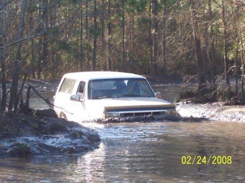 1994 Ford Bronco - This vehicle is stuck in a muddy water crossing, with trees and brush surrounding it.
