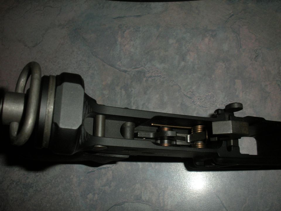 Close-up of firearm lower receiver internals, showing trigger mechanism and springs