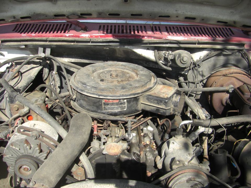 Engine bay with air cleaner, alternator, and hoses visible