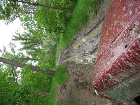 1988 Ford F-150 - Muddy track in woods with a red truck driving through.