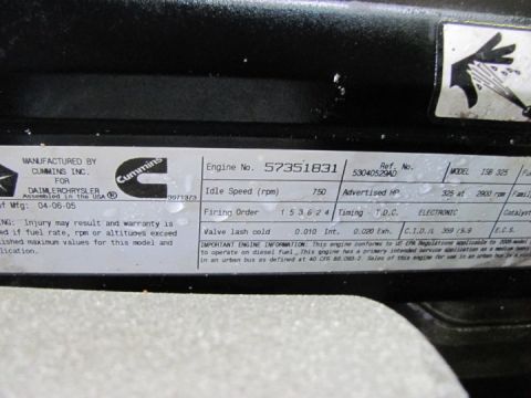2005 Dodge 3500 - Engine data plate shows manufacturing date of April 6, 2005, and lists engine specifications.