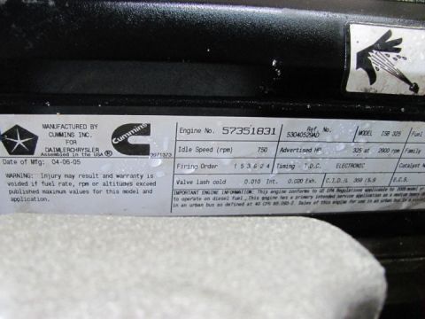 2005 Dodge 3500 - Engine data plate from a 2005 vehicle lists manufacturing details and engine specifications.