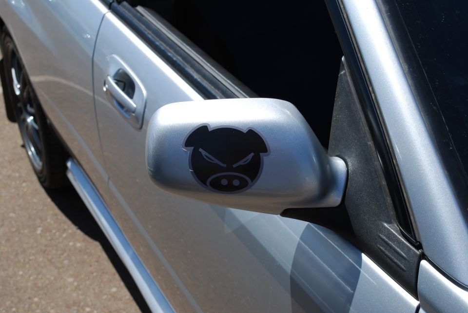 Silver car door and side mirror with a black angry pig sticker