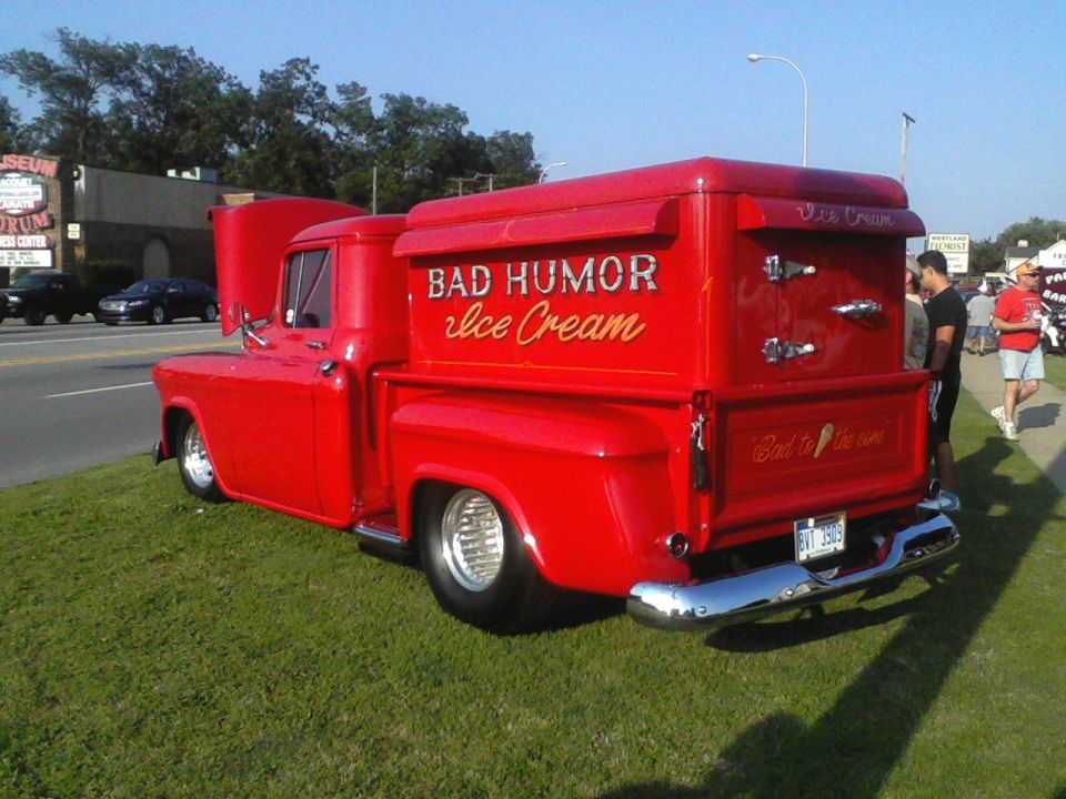 Red 1950s Chevy pickup built as a Bad Humor Ice Cream truck with freezer box in bed