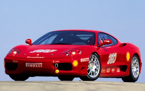1998 Ford Crown Victoria - Ferrari 360 Modena race car, likely from the early 2000s, displays prominent sponsor decals.