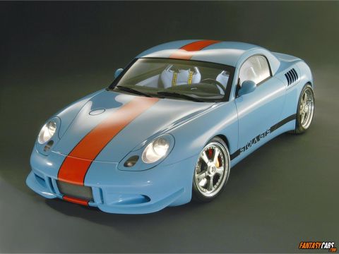 1998 Ford Crown Victoria - A light blue Porsche 911 with racing stripes and a custom body kit is shown from a three-quarter front angle.