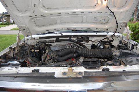 1994 Ford Bronco - The engine compartment of a white vehicle is visible with the hood raised, revealing the engine and surrounding parts.