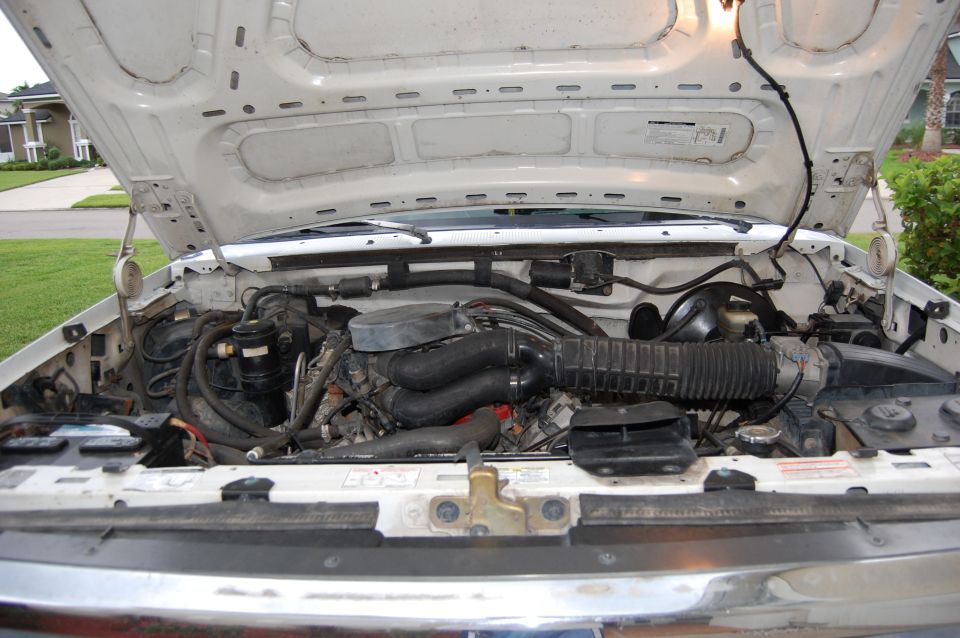 White vehicle's engine bay with hood open. Shows engine components, hoses, and wiring