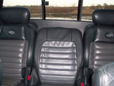 2007 Ford Mustang - Interior view of black leather seats, Harley-Davidson emblems and red seatbelt buckles.
