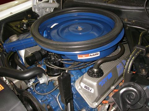 1971 Ford Mustang - Close-up of a 1971 Ford Mustang Boss 351 engine, a blue air cleaner assembly and "Autolite" branding.