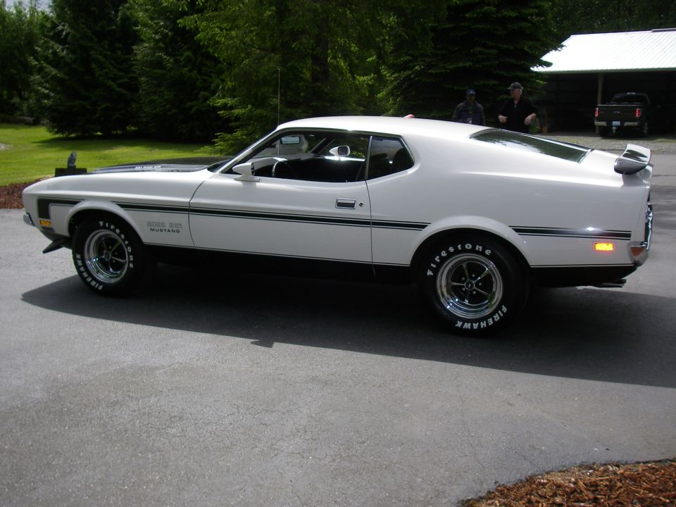 1971 Ford Mustang Boss 351 side view, white with black stripe