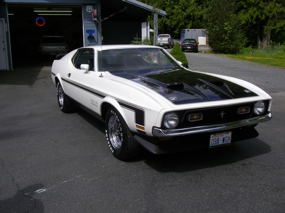 White 1971 Ford Mustang with black hood scoop and racing stripes parked in driveway