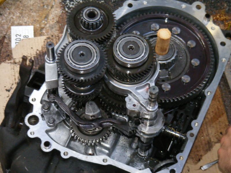 Close-up of internal transmission gears and shafts