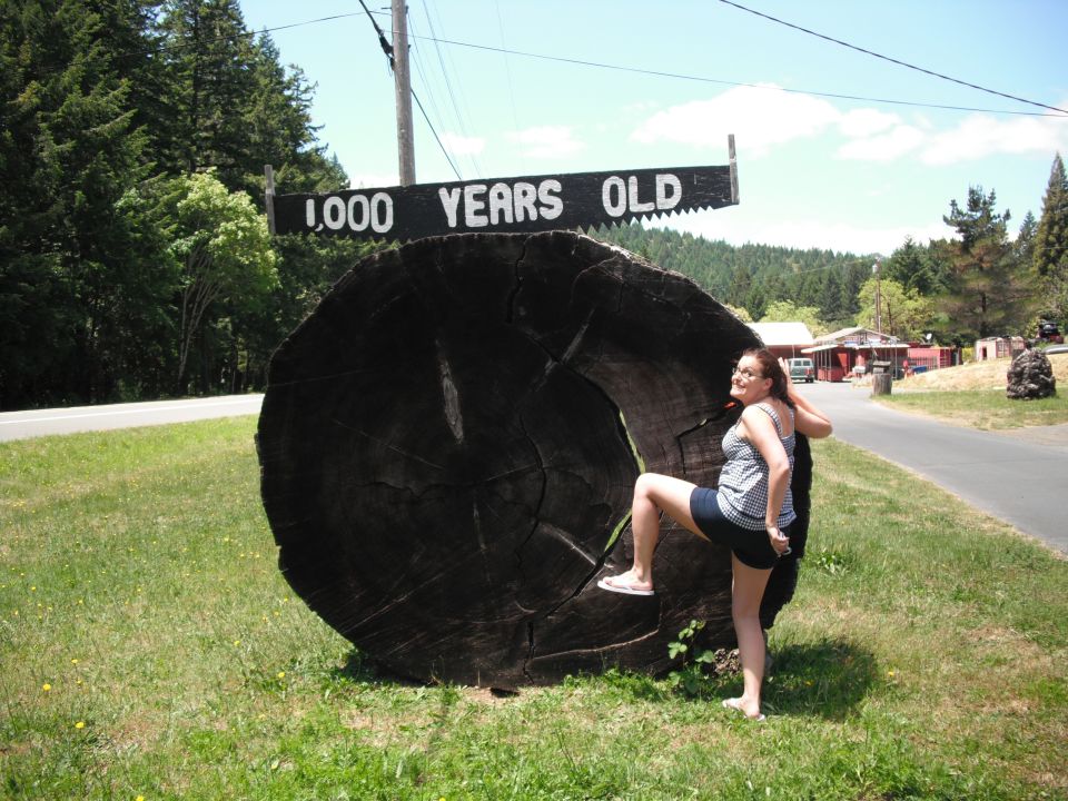 Woman posing with a massive redwood log that has a sign reading '1,000 YEARS OLD'