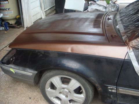 1989 Ford Escort - Front corner of a 1989 Ford Escort showing the hood and fender, with primer and black paint.