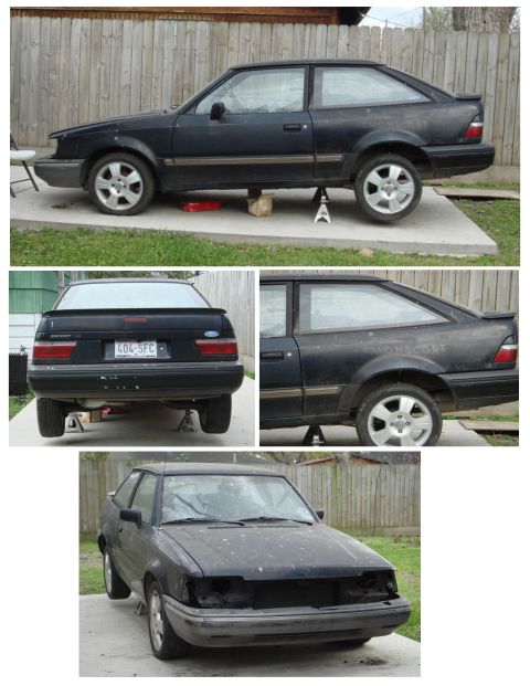 1989 Ford Escort - Three views of a 1989 Ford Escort hatchback, missing its front bumper and on jack stands.