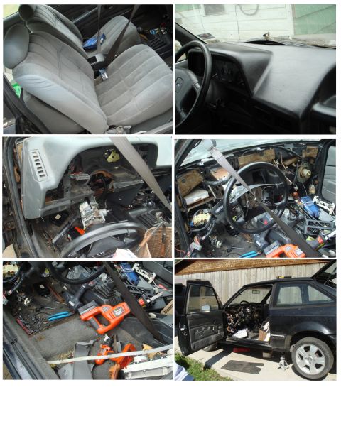1989 Ford Escort - Interior of a 1989 Ford Escort undergoing disassembly, showing exposed wiring and components.