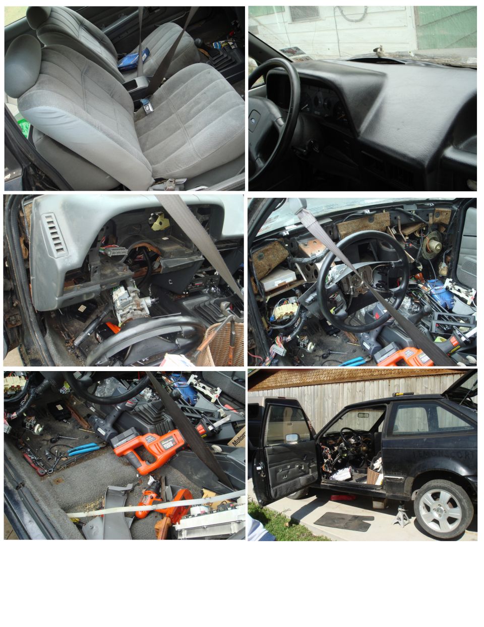 1989 Ford Escort interior disassembled with dashboard removed and tools scattered