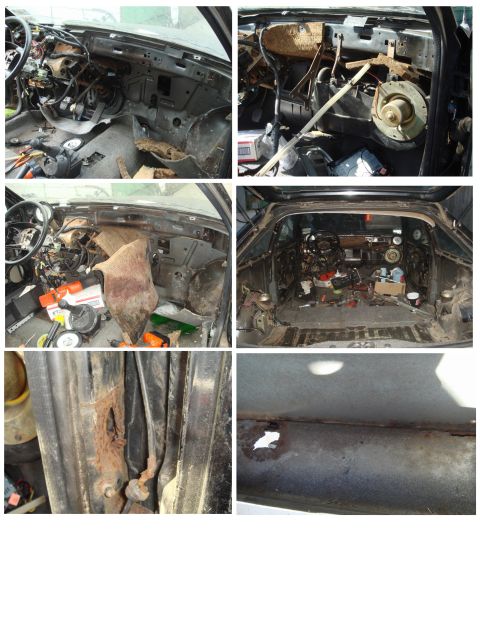 1989 Ford Escort - The interior of a vehicle is heavily disassembled, revealing extensive rust and damage to the body panels.