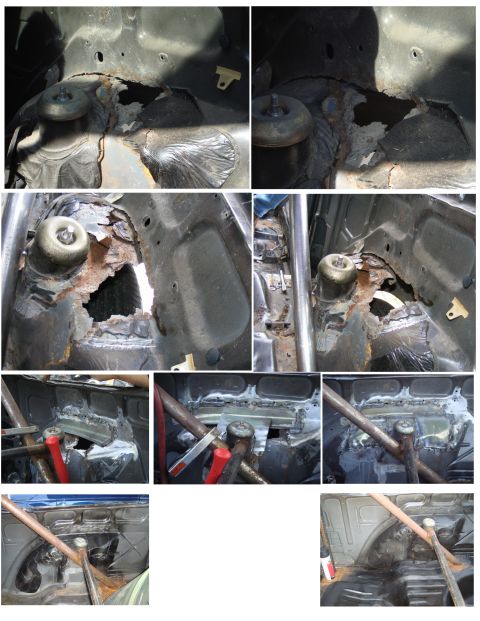 1989 Ford Escort - Multiple images show severe rust damage to a car's chassis, with some areas undergoing repair work.