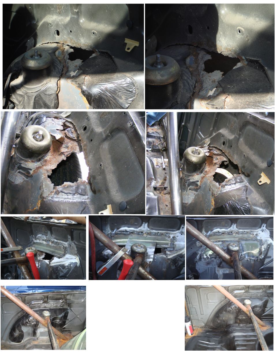 Rusted car chassis undergoing repair with welding and metalwork