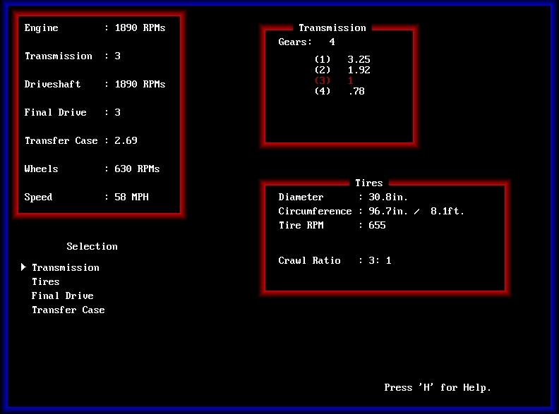 A program I made that allows me to look at the affects transmission ratios, final drives, low range, tire size, etc. have on engine RPMs and vehicle speed in real time.