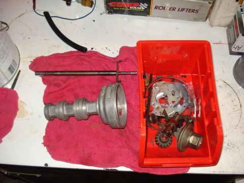 1967 Ford F-250 - Disassembled distributor components are organized for a rebuild or repair.