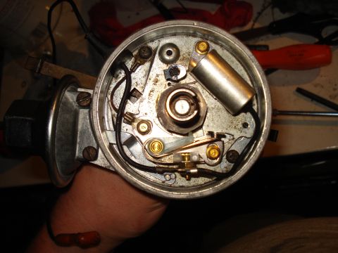 1967 Ford F-250 - Internal view of a distributor, showing the points and condenser, likely during a rebuild.
