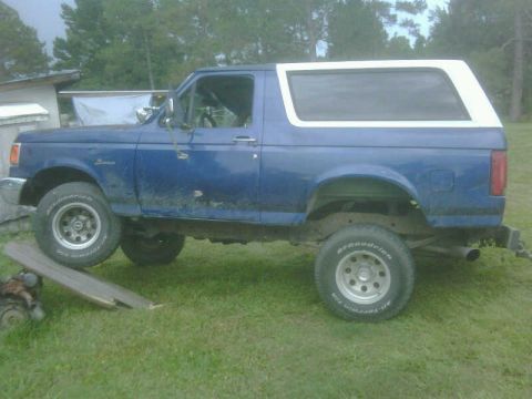 1991 Ford Bronco - This blue 1991 Ford Bronco features a white removable top and is parked on grassy terrain.