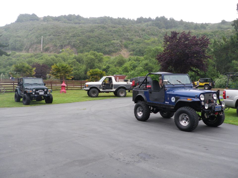 Several Jeeps and a Ford truck parked outdoors with a wooded hill in the background