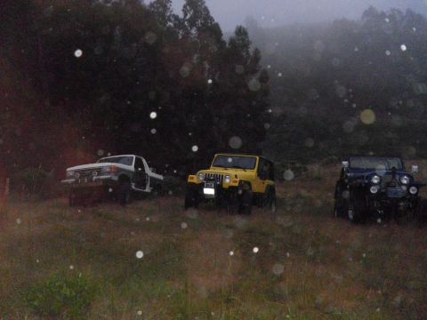 1991 Ford Bronco - Three off-road vehicles are parked on a grassy hill in what appears to be rainy weather.