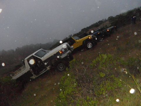 1991 Ford Bronco - Multiple SUVs and trucks are lined up on a wet, grassy hillside under a cloudy sky.