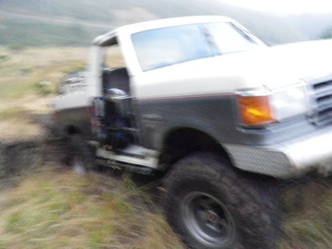 1991 Ford Bronco - Ford F-Series truck is stuck in the mud on a grassy incline.